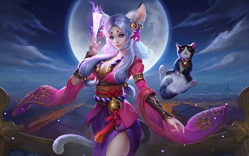 Catgirl, frumusete, moon, luminos, yonglin yao, game, cat, fantasy, moon, pink, pisica, HD wallpaper