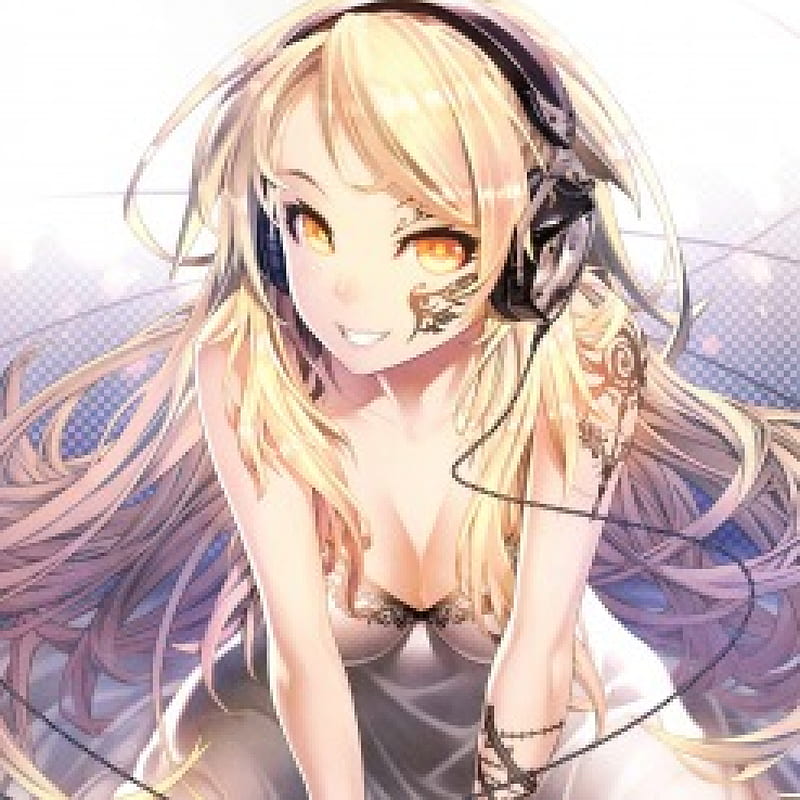 Sound Wave, pretty, blond, cg, headphones, bonito, sweet, nice, gold, anime, hot, beauty, anime girl, long hair, gorgeous, female, lovely, golden, tattoo, blonde, smile, blonde hair, sexy, smiling, yellow eyes, blond hair, girl, HD wallpaper