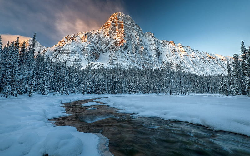 morning, mountain landscape, river, snow, winter, rock, HD wallpaper