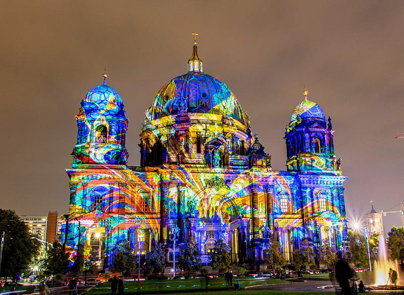 Berlin Festival of Lights, building, city, germany, dome, colors, light, HD wallpaper