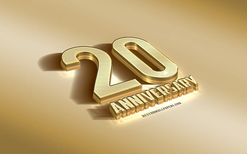 20th Anniversary sign, golden 3d symbol, golden Anniversary background, 20th Anniversary, creative 3d art, 20 Years Anniversary, 3d Anniversary sign, HD wallpaper