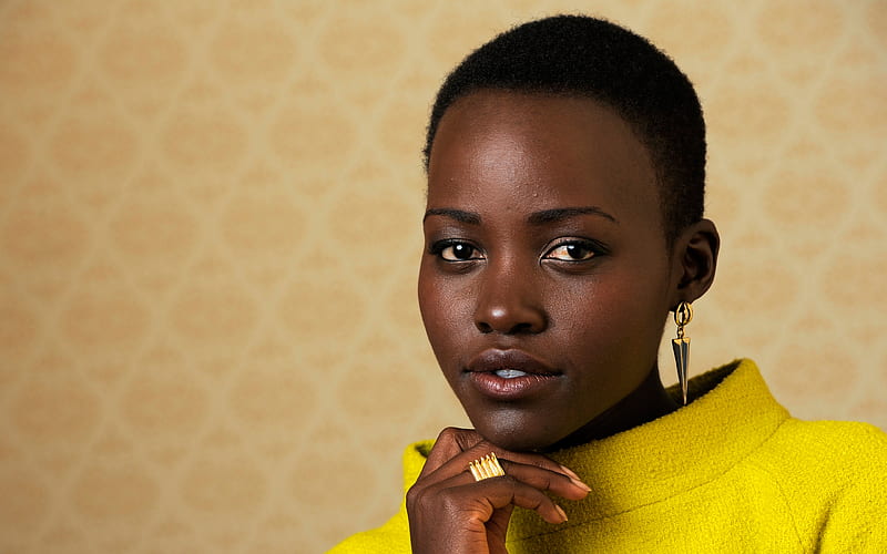 Lupita Nyongo, Hollywood, Kenyan actress portrait, yellow dress, HD wallpaper