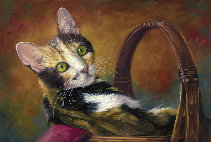 Kitten in the basket, art, basket, painting, pictura, cat, kitten, pisici, lucie bilodeau, HD wallpaper