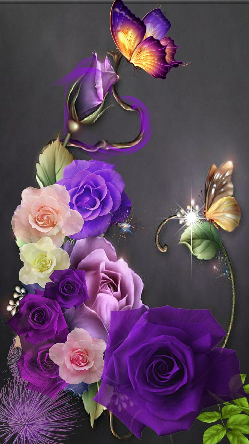 Purple Hearts, butterflies, flowers, heart, purple, roses, HD phone wallpaper
