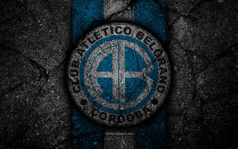 Belgrano FC, logo, Superliga, AAAJ, black stone, Argentina, soccer, Belgrano, football club, asphalt texture, FC Belgrano, HD wallpaper