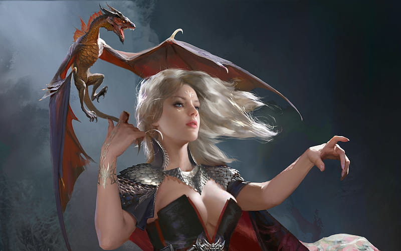 Daenerys, art, yunhao zheng, frumusete, fantasy, luminos, daenerys targaryen, hand, dragon, game of thrones, HD wallpaper