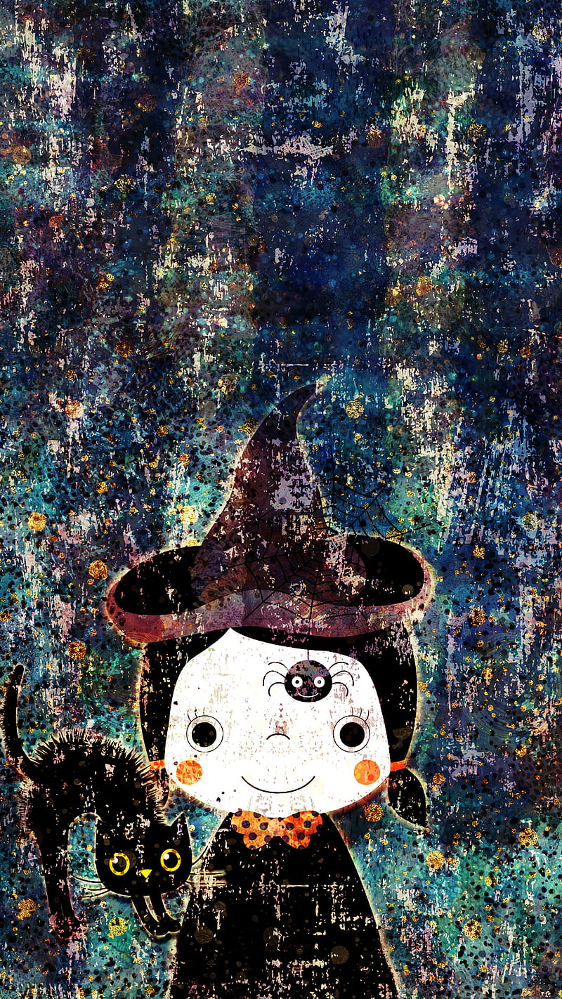 Girl Witch Cat Spider, Adoxali, Girl, Halloween, October, autumn, background, black, brown, celebration, child, costume, cute, day of the dead, desenho, fall, fun, funny, hat, holiday, illustration, kawaii, kid, orange, party, retro, scary, seasonal, spider, spooky, texture, trick or treat, vintage, witch, HD phone wallpaper