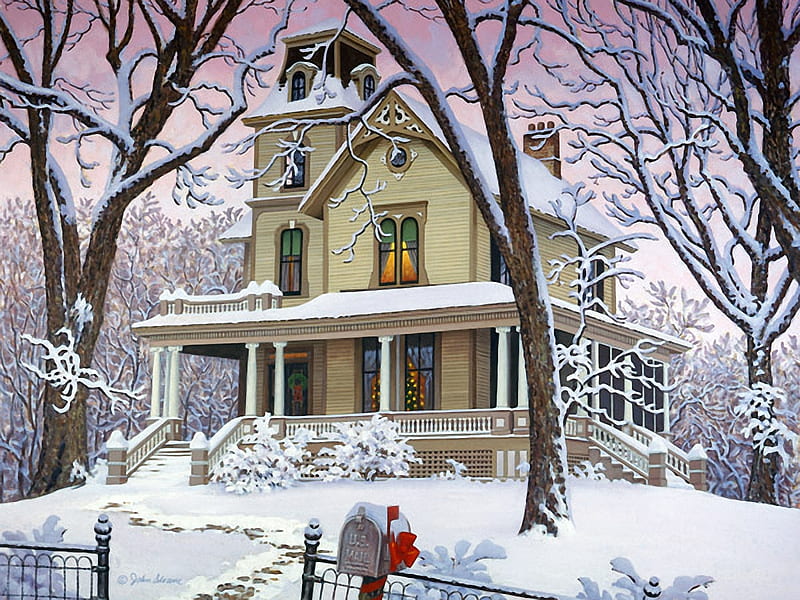 Victorian snow, trees, winter, house, painting, postbox, HD wallpaper ...