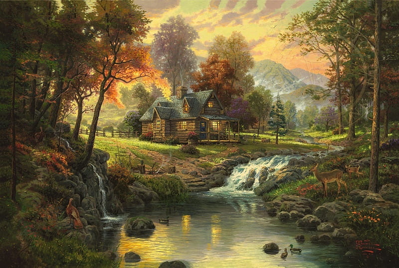 Cottage, thomas kinkade, art, house, water, painting pictura, waterfall, HD wallpaper