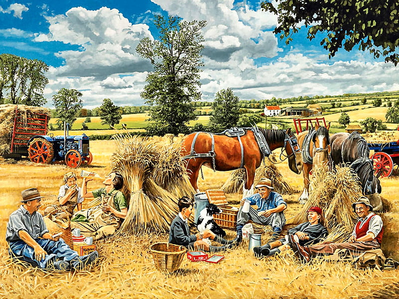 Harvest Lunchtime F1, architecture, planting, art, equine, bonito, horse, artwork, farm, lunch, people, painting, wide screen, scenery, crops, landscape, HD wallpaper