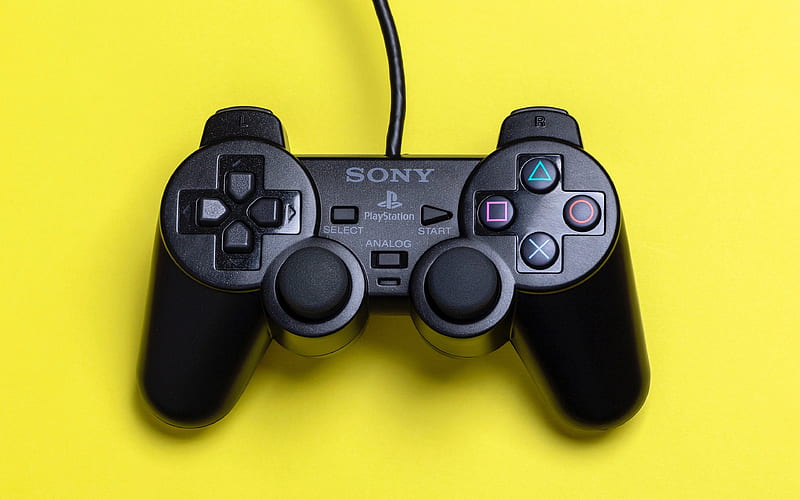 Sony Playstation joystick game consoles, joysticks, yellow backgrounds, Sony Playstation, HD wallpaper