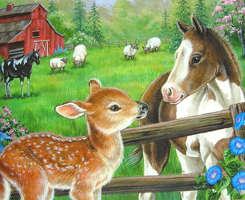 My New Friend, sheep, farm, flowers, puzzle, baby, deer, HD wallpaper