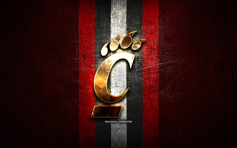 Cincinnati Bearcats, golden logo, NCAA, red metal background, american football club, Cincinnati Bearcats logo, american football, USA, HD wallpaper