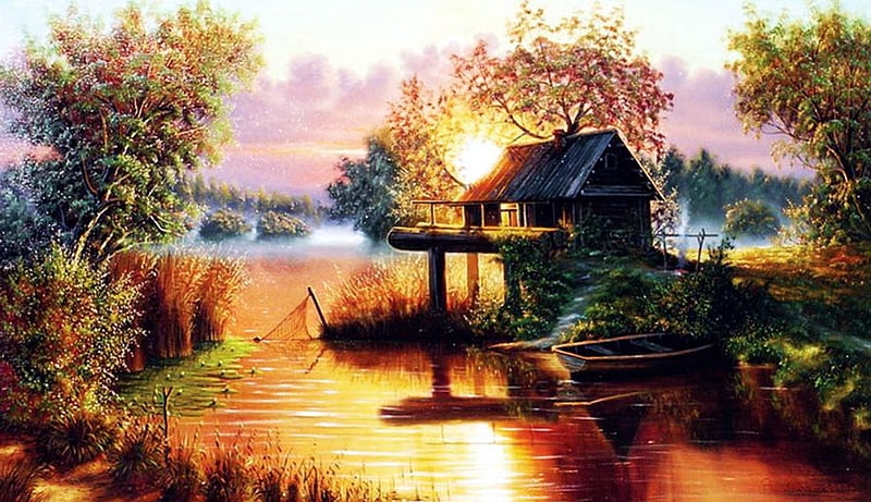 Fisherman's Lodge, forest, sun, boat, cottage, pier, painting, lake, HD wallpaper