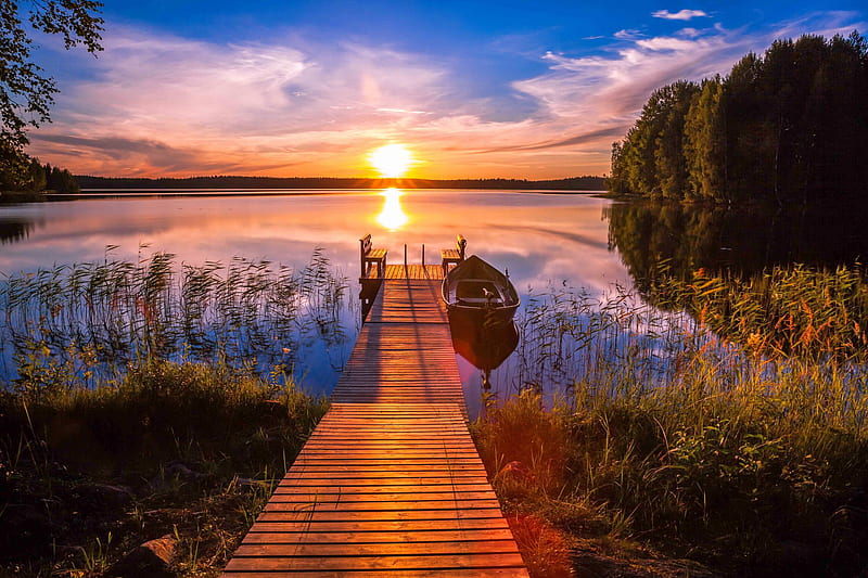 Amazing sunset, lake, rural, amazing, pier, sunset, bonito, sky, lakeside, dock, boat, Finland, summer, reflection, fishing, HD wallpaper