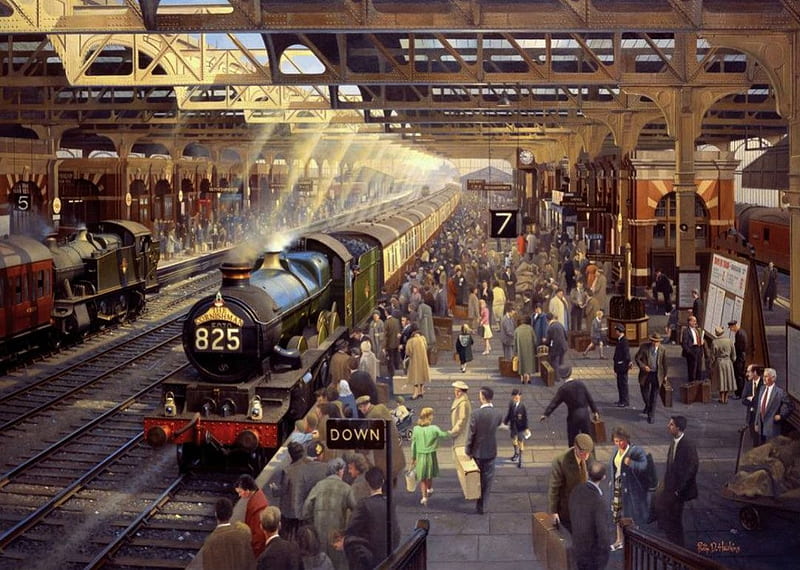 Steamtrain in Station, building, railroad, locomotive, people, HD wallpaper