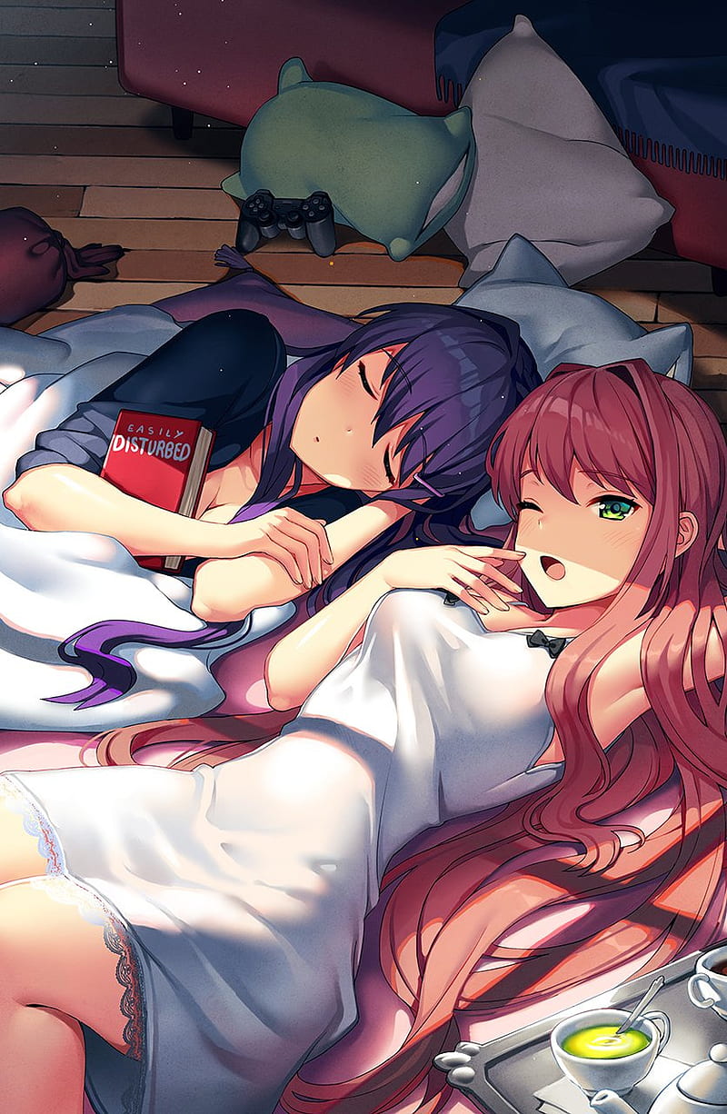 Monika and Yuri, anime, cute, ddlc, doki doki, doki doki literature club, girl, HD phone wallpaper