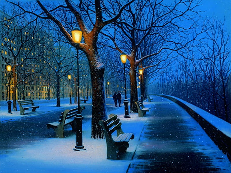 Winter stroll, art, lantern, town, bench, dusk, bonito, winter, snow, snowfall, painting, walk, evening, street, stroll, HD wallpaper