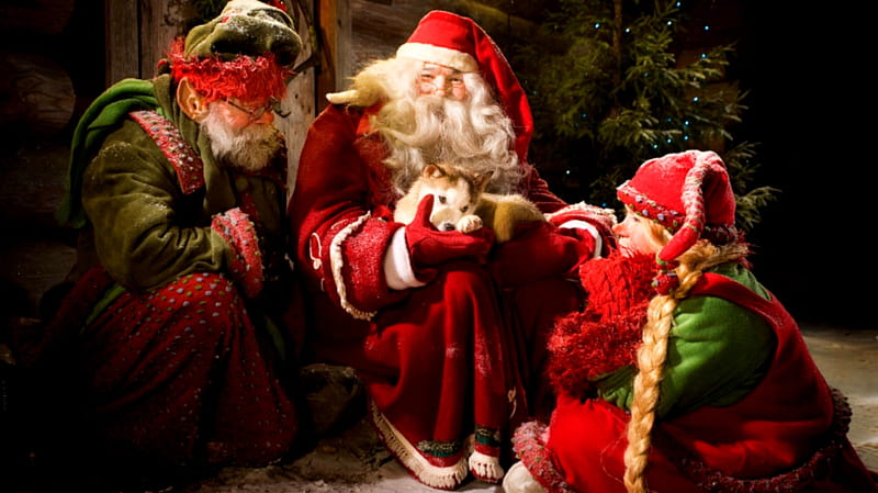 Santa Secret Center With the Elves, Red, Dog, White, Elves, Santa, Clause, Hats, HD wallpaper