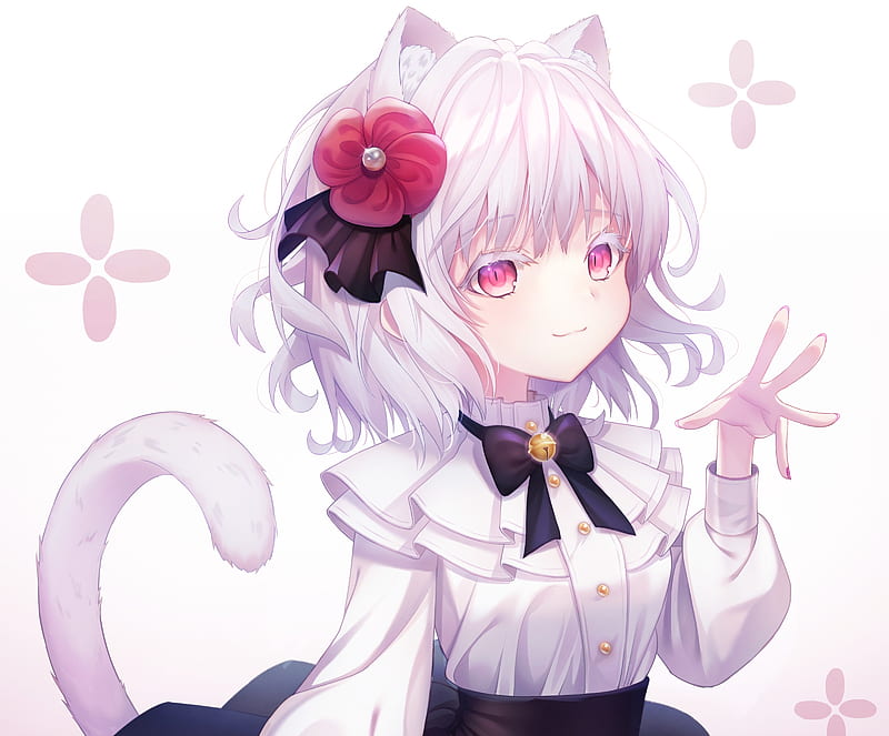 anime girl, loli, white hair, animal ears, tail, smiling, dress, ribbon, Anime, HD wallpaper