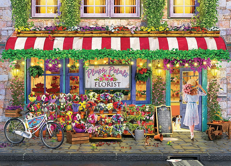 Plush petals flower shop, girl, windows, house, painting, flowers, bicycle, HD wallpaper