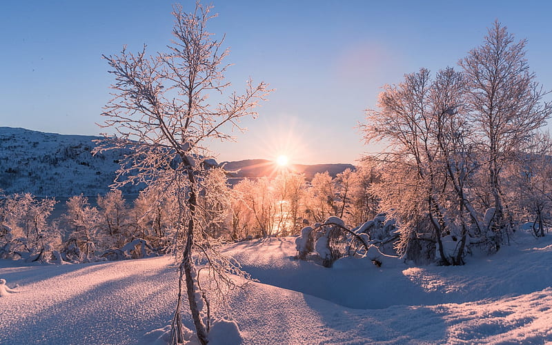 morning, sunrise, winter, snow, mountain lake, beautiful winter landscape, HD wallpaper