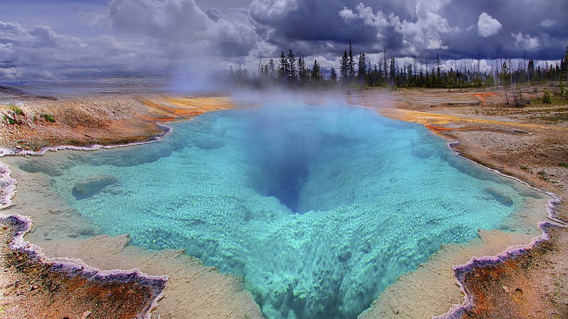 unbelievable blue hole in yellowstone r, minerals, r, steam, clouds, geyser, blue, HD wallpaper