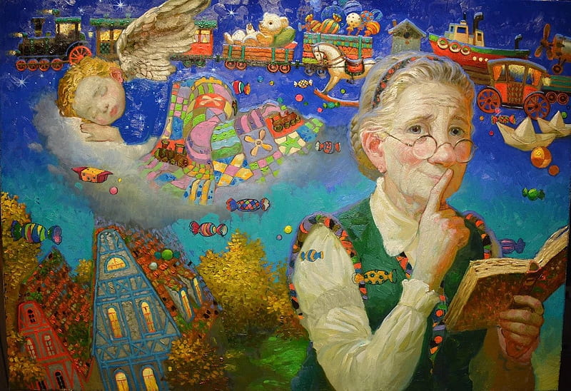 Grandmother's fairytales, art, painting, fairytale, pictura, childhood, dream, victor nizovtsev, grandmother, HD wallpaper
