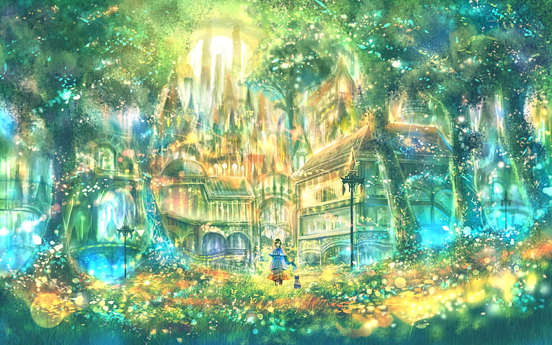Anime landscape, forest, scenery, cat, anime girl, shiny mansion,  polychromatic, HD wallpaper | Peakpx