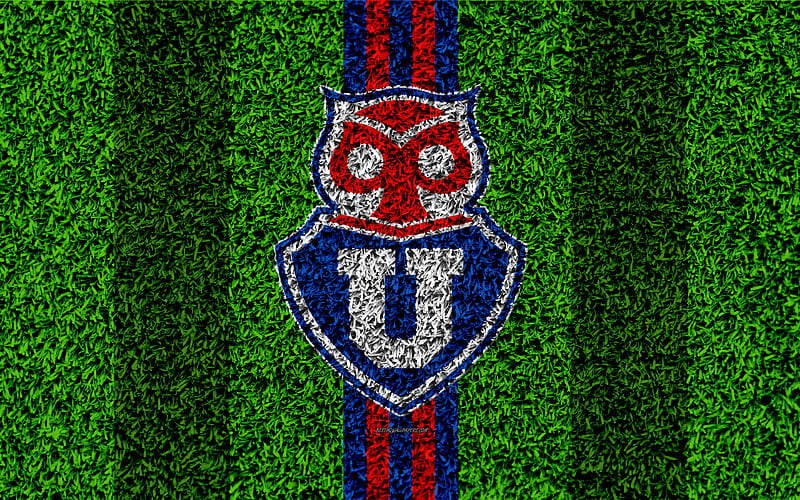 Club Universidad de Chile logo, grass texture, Chilean football club, football lawn, blue red lines, emblem, Santiago, Chile, Chilean Primera Division, football, HD wallpaper