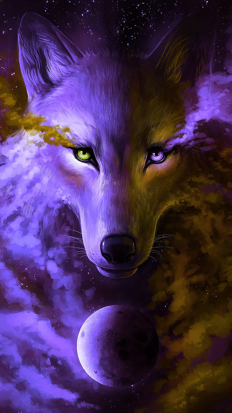 wolf, face, fantasy, galaxy, purple, yellow, HD phone wallpaper