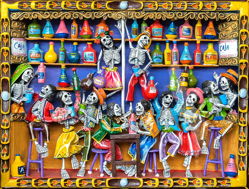 Souvenir Shop in Cusco Peru, halloween, fantasy, peru, skeleton, skull, funny, souvenir shop, cusco, HD wallpaper