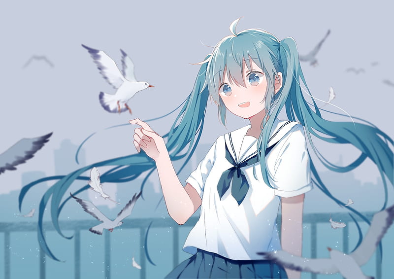 hatsune miku, school uniform, vocaloid, seagulls, twintails, Anime, HD wallpaper