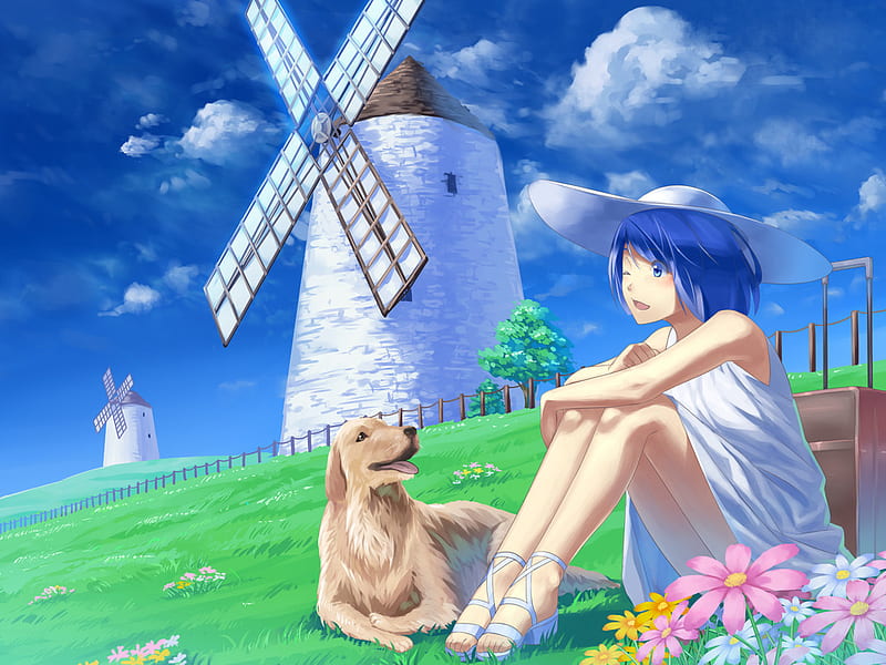 Girl and her dog near the old mill, young, girl, mill, grass, anime, woman, dog, HD wallpaper
