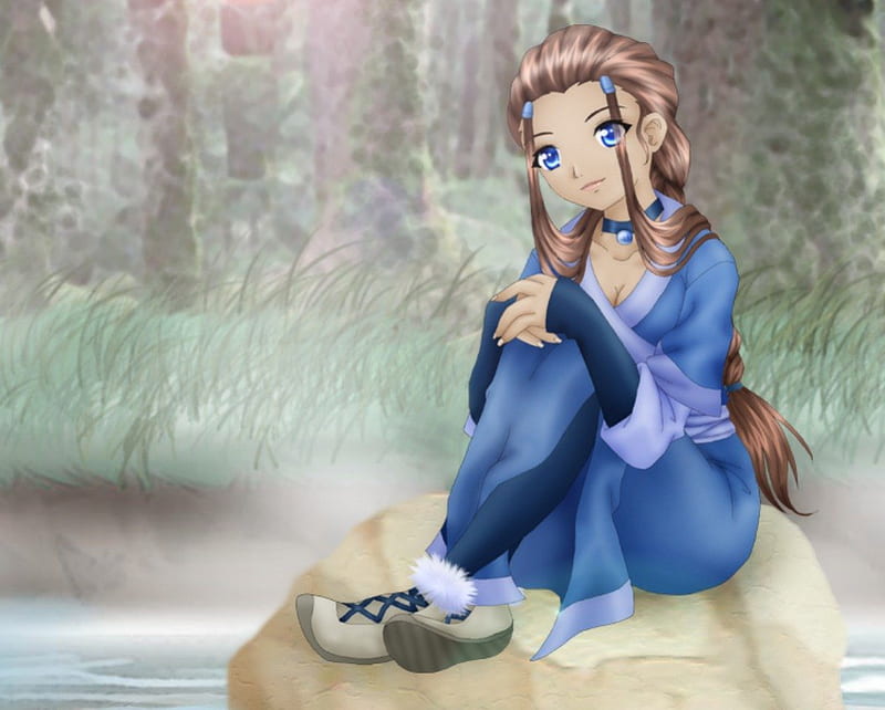 Katara, pretty, divine, cg, woods, bonito, avatar, orgeous, elegant, sweet, avatar the last airbender, anime, bender, beauty, anime girl, realistic, long hair, blue eyes, gorgeous, blue, forest, female, lovely, brown hair, water bender, sexy, cute, water, 3d, girl, avatar legend of aang, HD wallpaper