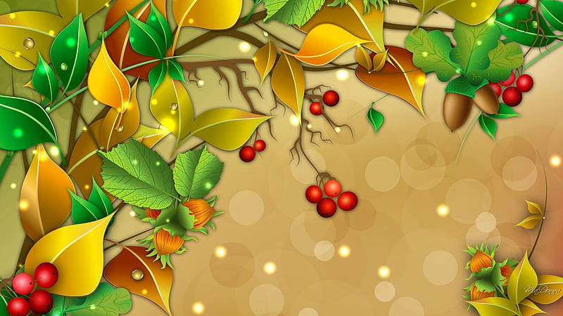 Essence of Autumn, fall, autumn, glow, shine, dew, lights, nuts, gold, berries, HD wallpaper