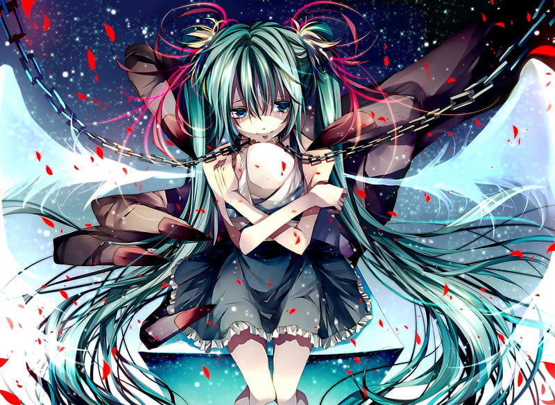 Crying, red petals, wings, long blue hair, Miku, Vocaloids, Hatsune ...