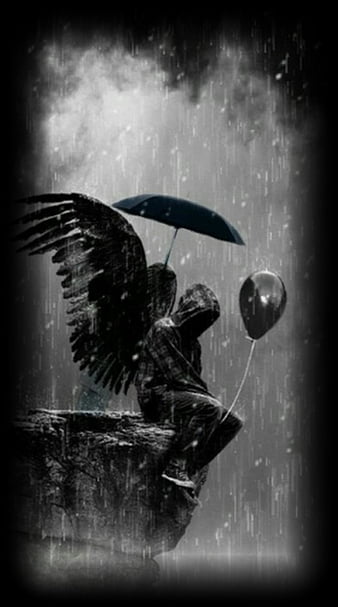 Lonely Angel, angel, black, dark, demon, depressed, lonely, rain, sad, HD phone wallpaper