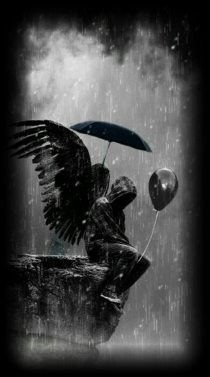 Lonely Angel , angel, black, dark, demon, depressed, lonely, rain, sad, HD phone wallpaper