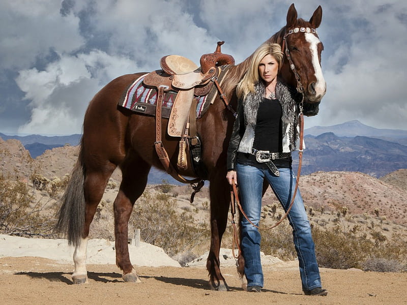 Cowgirl and her Horse, Horse, Cowgirl, Blond, Hills, HD wallpaper
