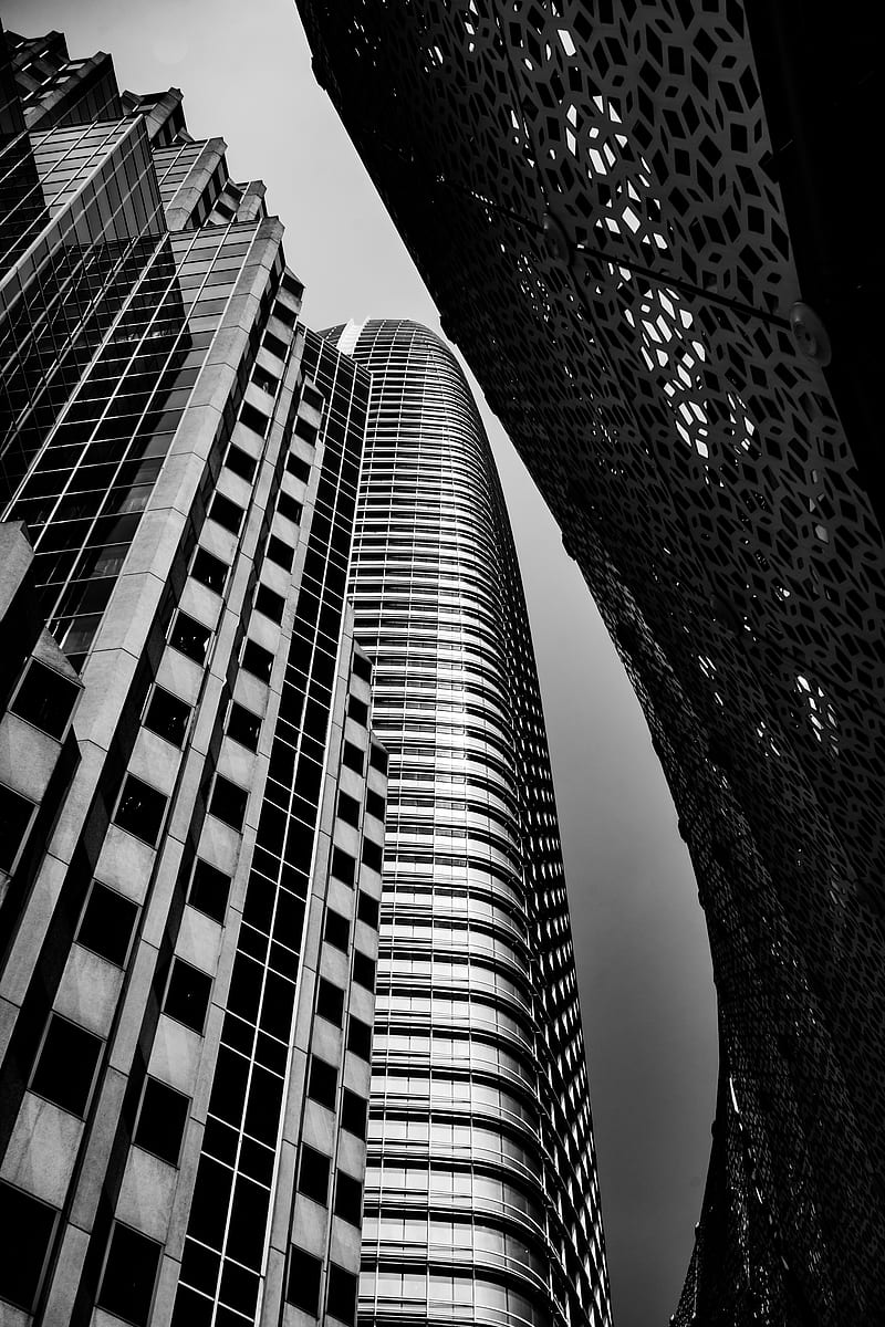 buildings, skyscrapers, bottom view, black and white, HD phone wallpaper