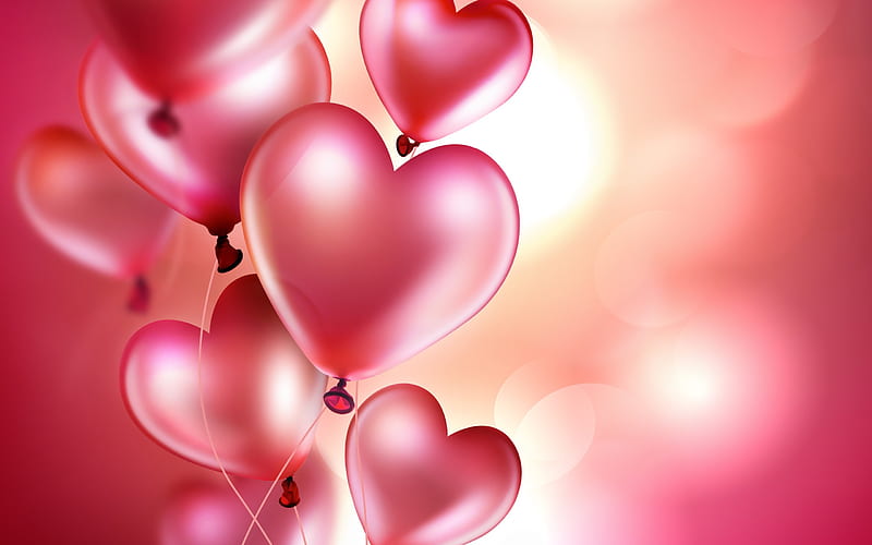 3d pink balls, pink heart balloons, love, heart, HD wallpaper | Peakpx