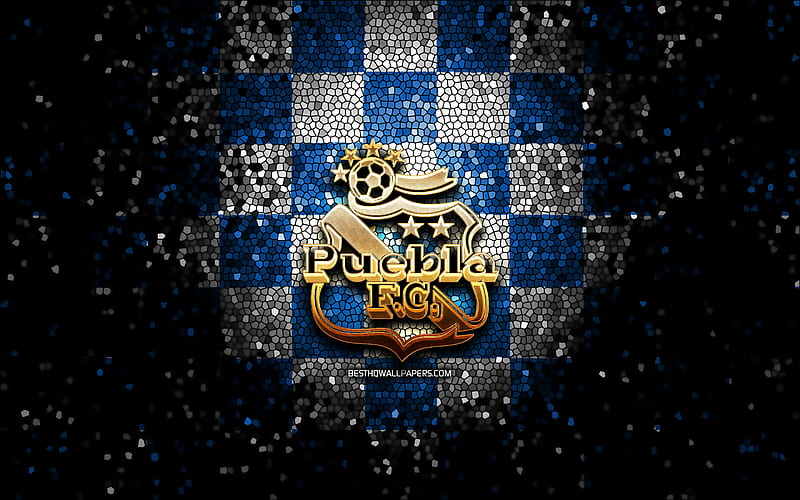 Puebla FC, glitter logo, Liga MX, blue white checkered background, soccer, mexican football club, Club Puebla logo, mosaic art, football, Club Puebla, HD wallpaper