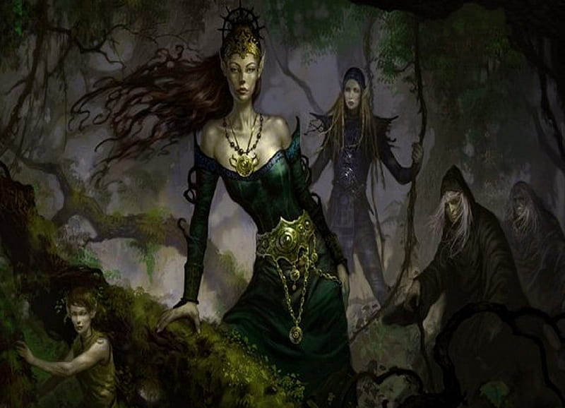 A Dark Coven, forest, human, witches, elf, fairy, HD wallpaper