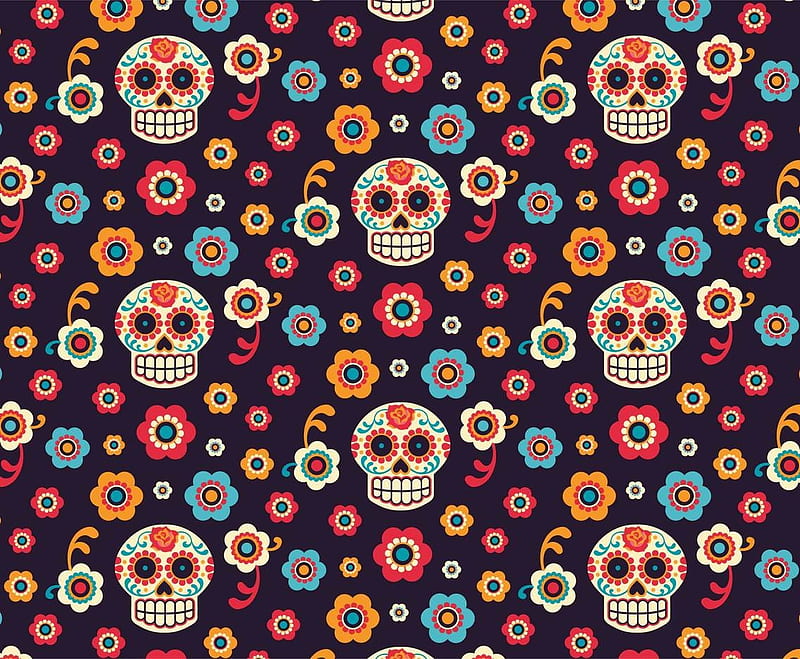 Pattern, flower, halloween, bones, skull, texture, day of the dead, HD wallpaper