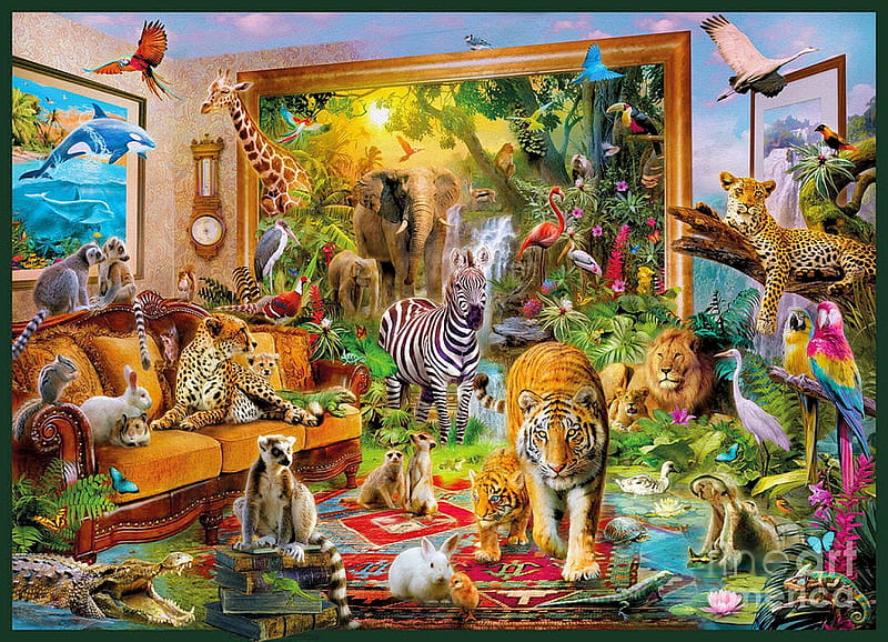 Coming To Room, leopard, birds, tiger, artwork, lion, painting, parrots, zebra, animals, HD wallpaper