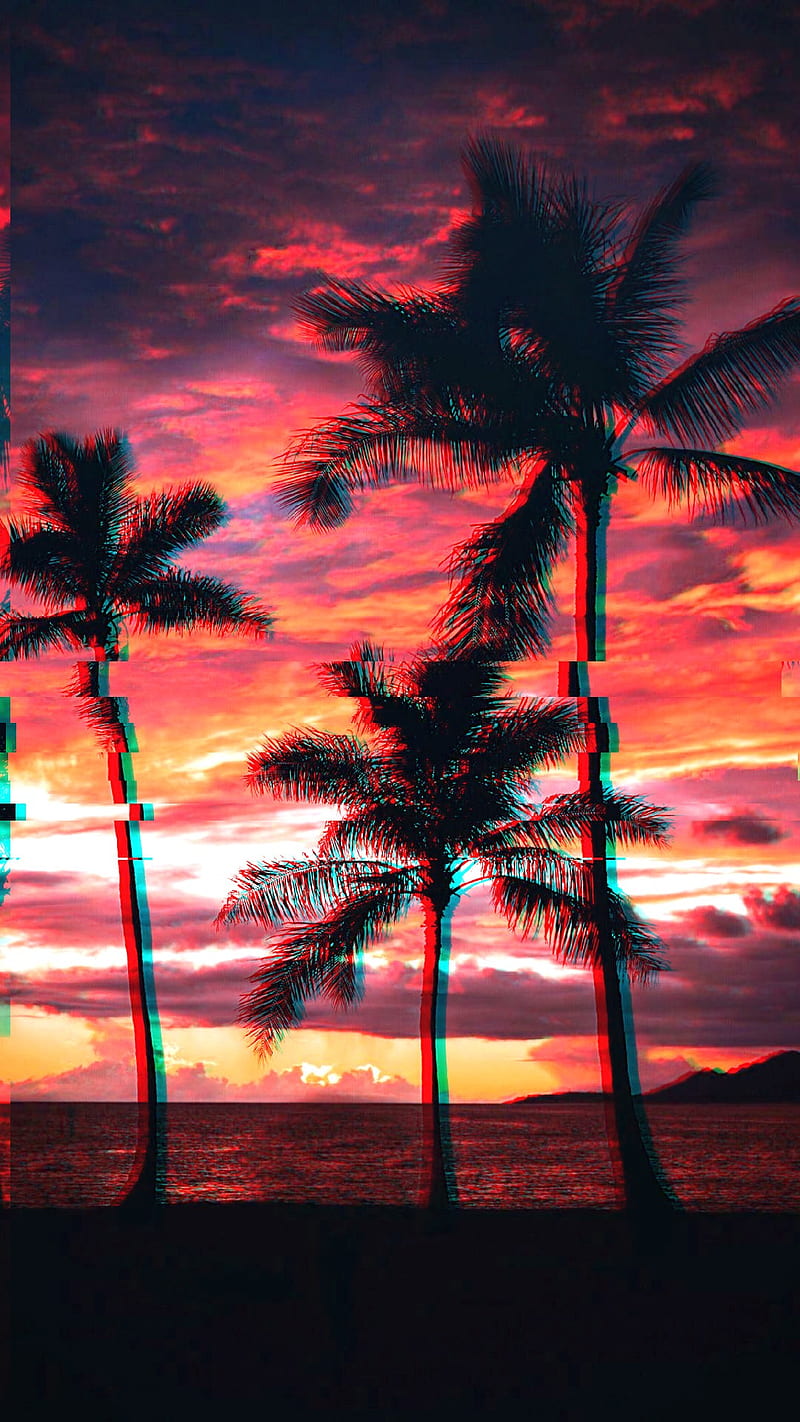 beach Glitched, beach, glitched, glow, landscapes, nature, night, palm, trees, HD phone wallpaper