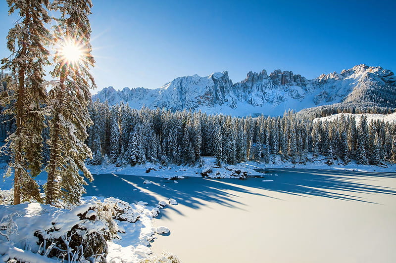 Earth, Winter, Dolomites, Forest, Italy, Lake, Mountain, Snow, Sunbeam, HD wallpaper