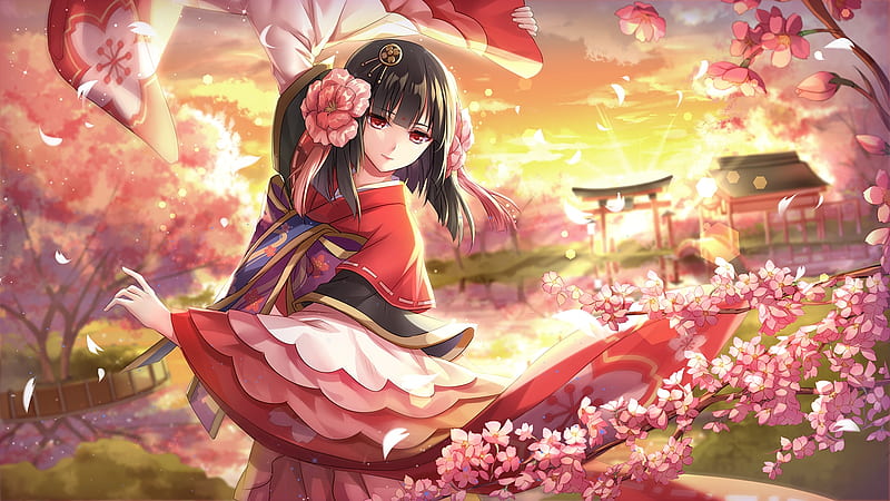 Sakura Dancer, sakura, torii, japanese, cg, game, kimono, cherry ...