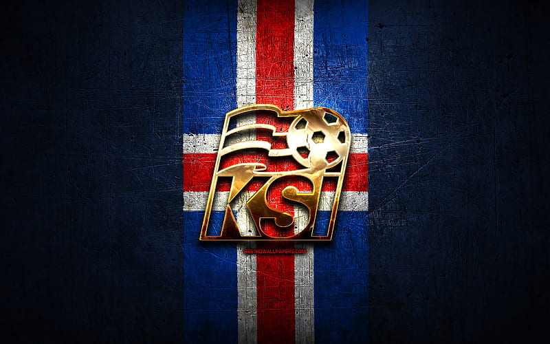 Iceland National Football Team, golden logo, Europe, UEFA, red metal background, Icelandic football team, soccer, KSI logo, football, Iceland, HD wallpaper